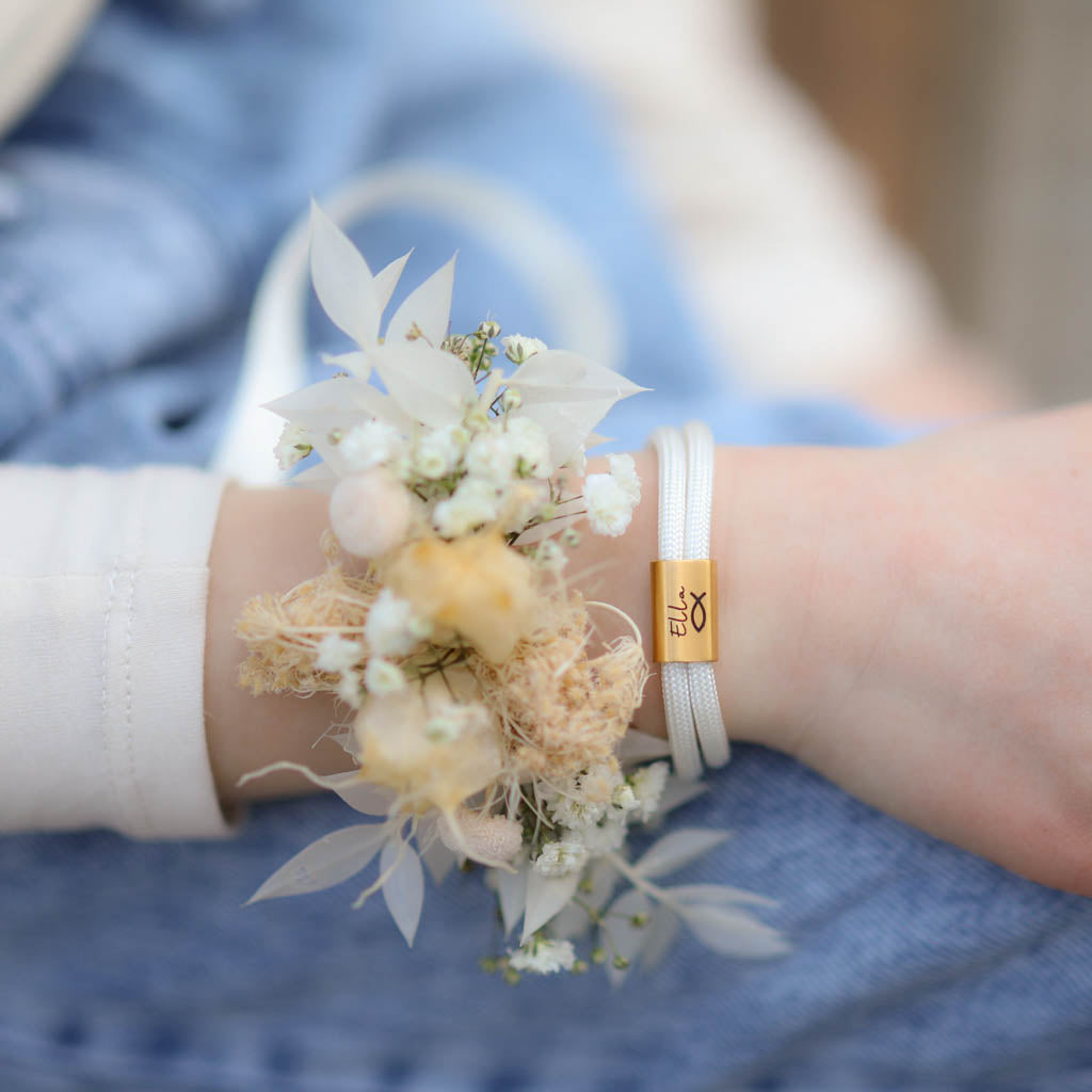 Segeltauarmband Kommunion mit personalisierten Edelstahlschiebern