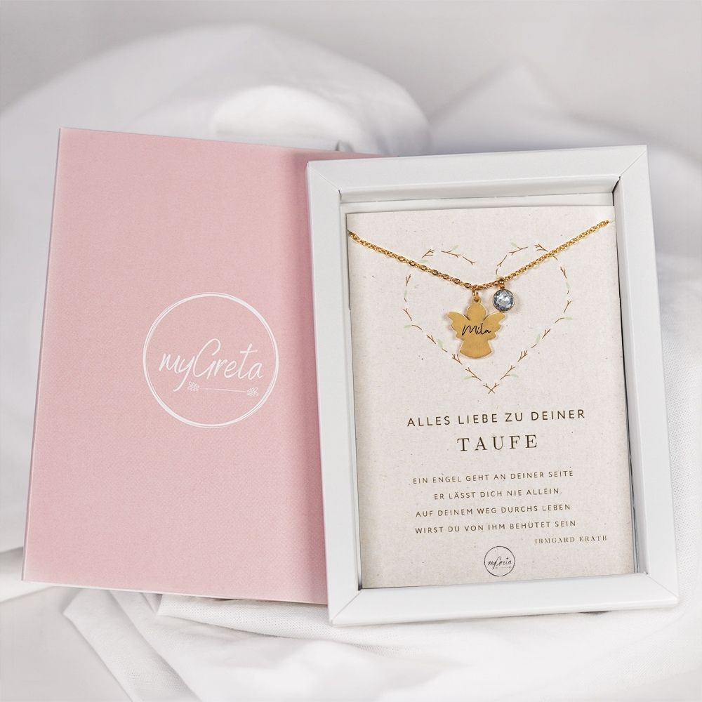 Schutzengel Kette mit Geburtsstein & Gravur – Personalisiertes Geschenk zur Taufe, Kommunion & Konfirmation – Edelstahl Gold