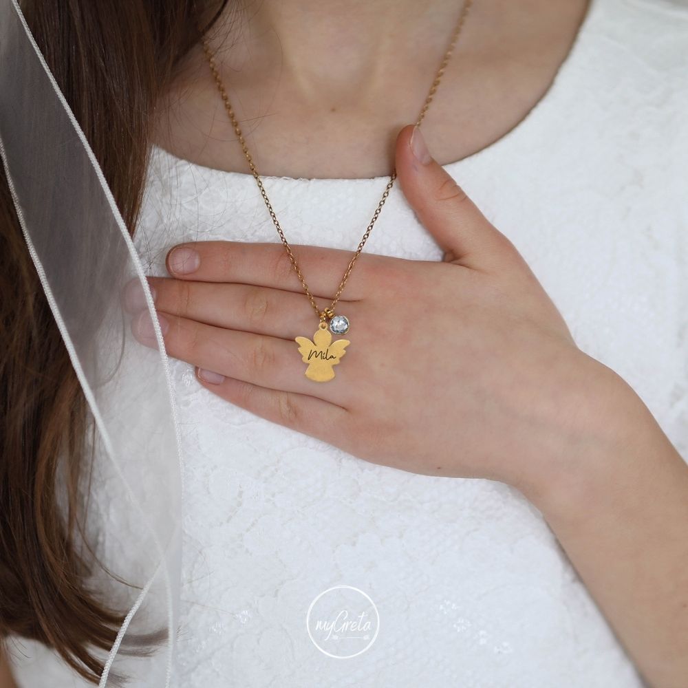 Schutzengel Kette mit Geburtsstein & Gravur – Personalisiertes Geschenk zur Taufe, Kommunion & Konfirmation – Edelstahl Gold