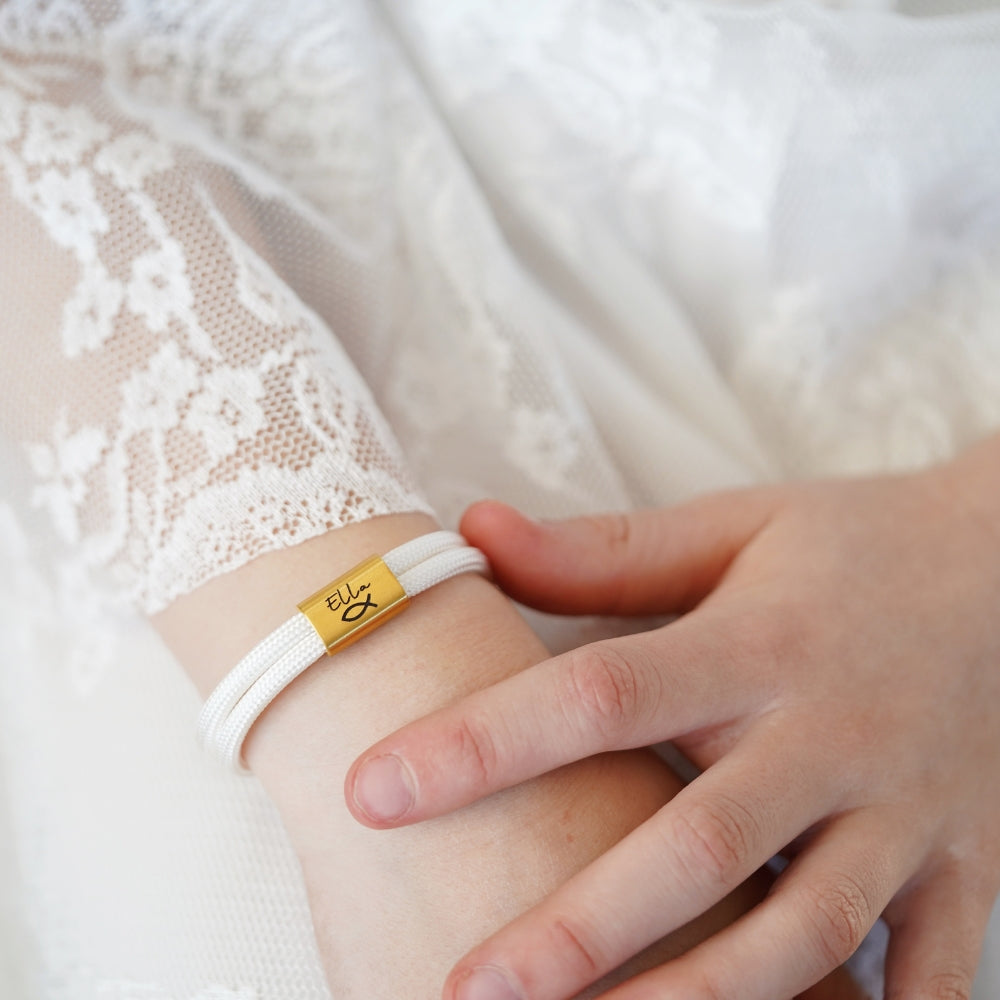 Segeltauarmband Kommunion mit personalisierten Edelstahlschiebern