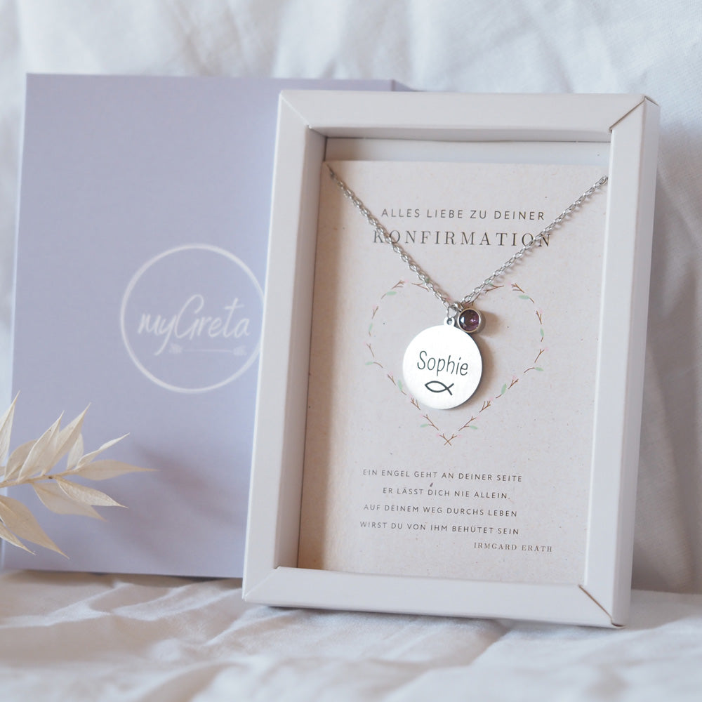 Edelstahlkette mit persönlicher Gravur und Geburtsstein