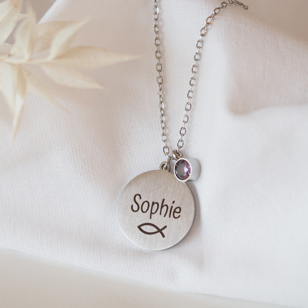 Edelstahlkette mit persönlicher Gravur und Geburtsstein