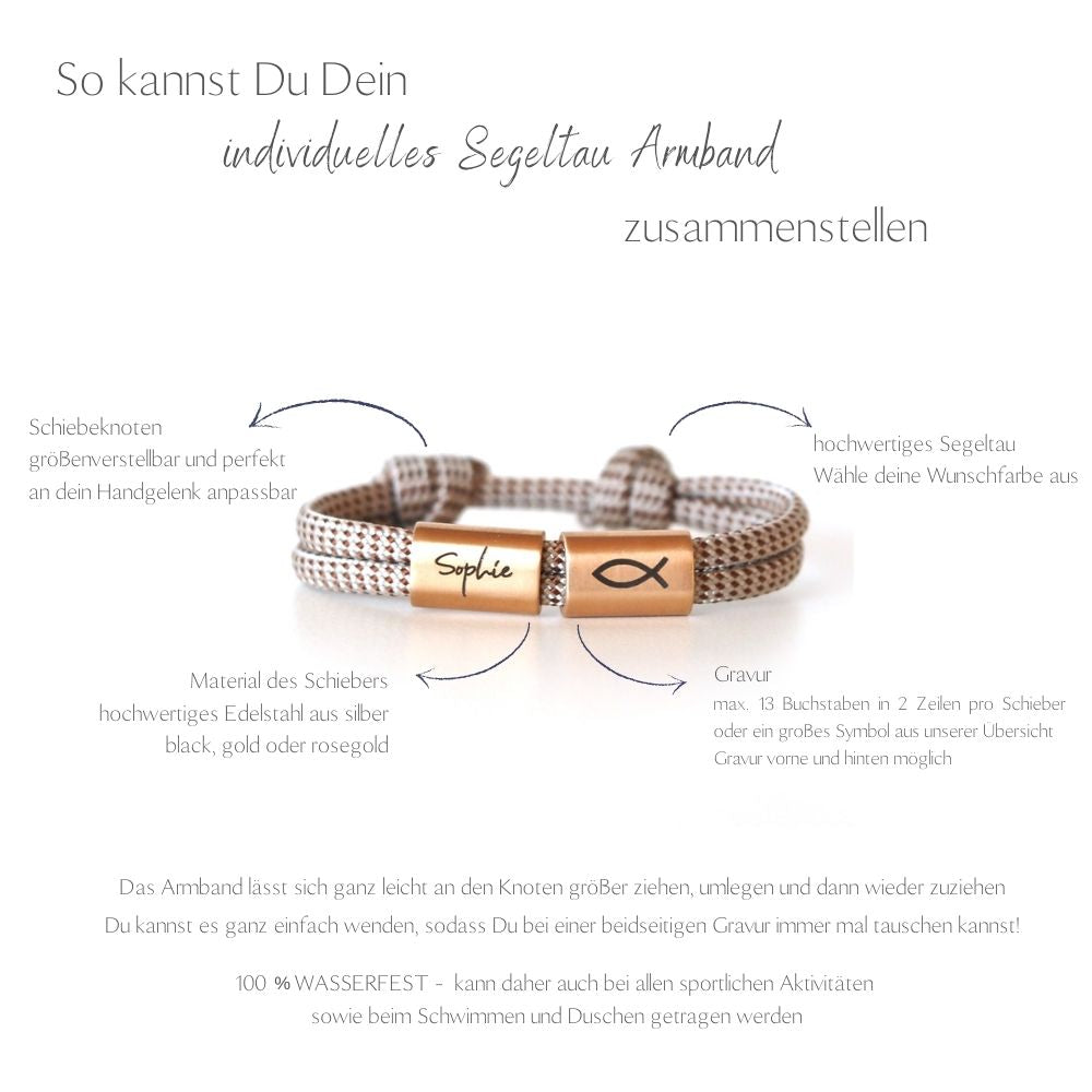 Segeltauarmband mit personalisierten Edelstahlschiebern