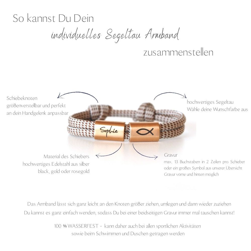 Segeltauarmband Kommunion mit personalisierten Edelstahlschiebern