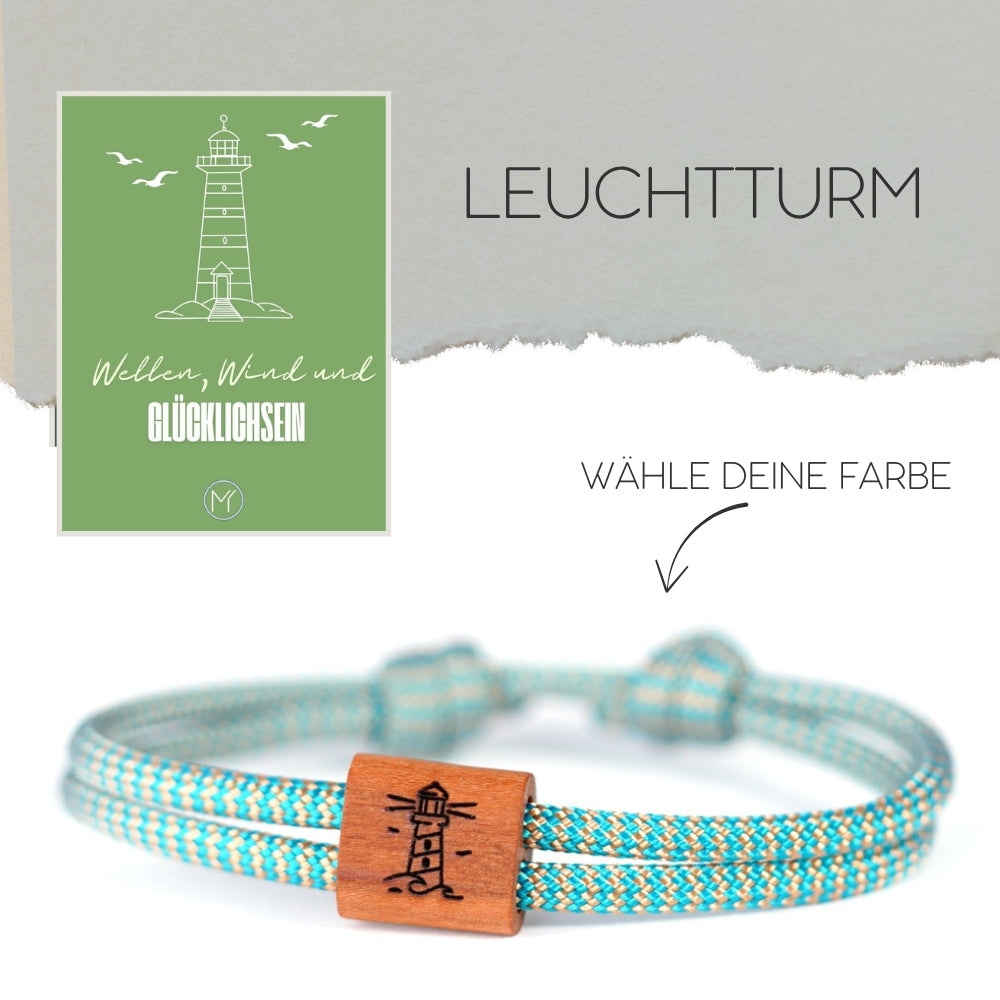 Verstellbares Outdoor-Armband aus türkisfarbenen Segeltau mit Holzschieber und Leuchtturm-Gravur.