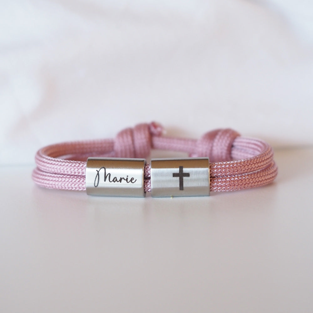 Segeltauarmband zur Kommunion mit personalisierten Edelstahlschiebern