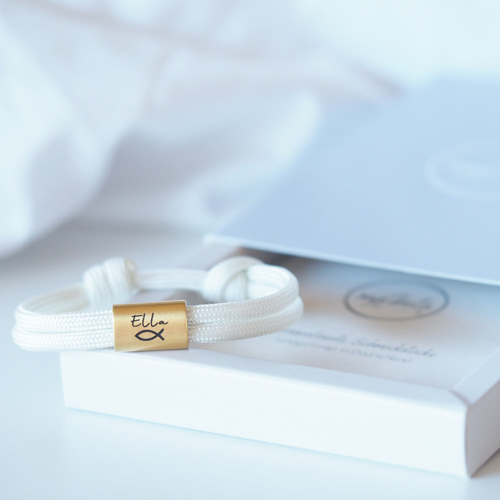 Segeltauarmband Kommunion mit personalisierten Edelstahlschiebern