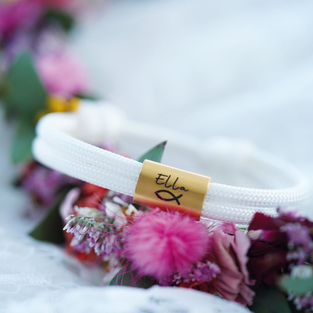 Segeltauarmband Kommunion mit personalisierten Edelstahlschiebern