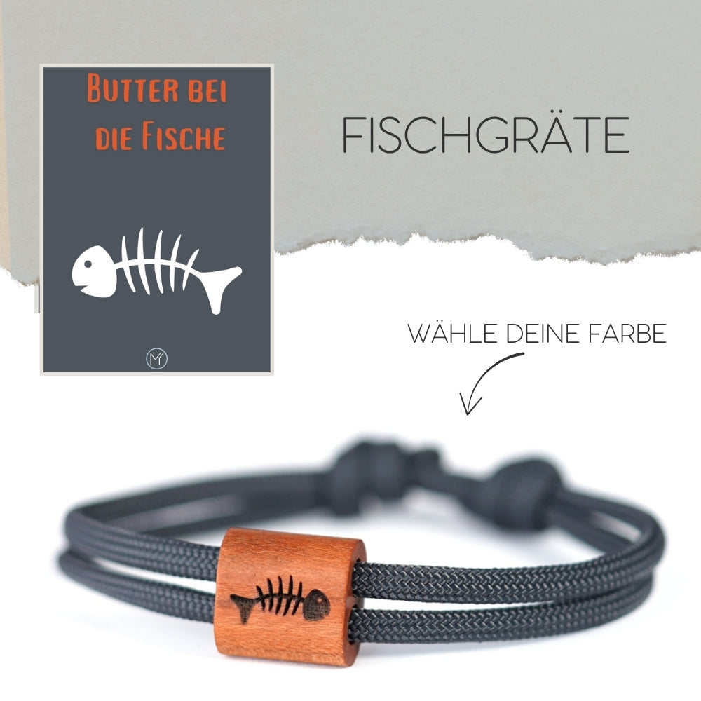 Verstellbares Outdoor-Armband aus anthrazitfarbenen Segeltau mit Holzschieber und Fischgräte-Gravur in hochwertiger Schiebeschachtel.